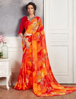 Absorbing orange and yellow printed georgette saree for festive wear