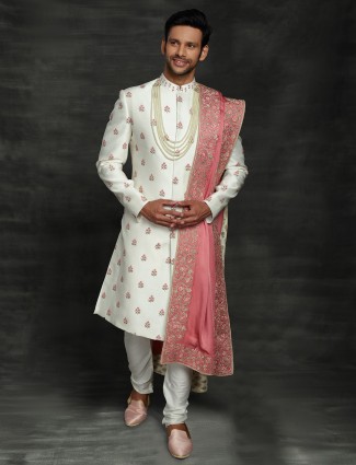 Alluring off white silk sherwani set