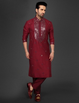 Amazing maroon color cotton silk kurta suit for men