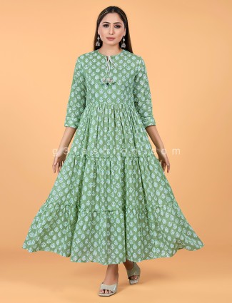 Anarkali style printed cotton kurti in pista green