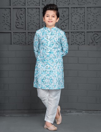 Aqua and grey printed cotton kurta suit