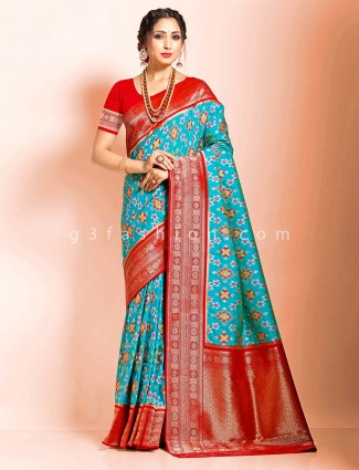 Aqua semi patola silk saree in festive wear