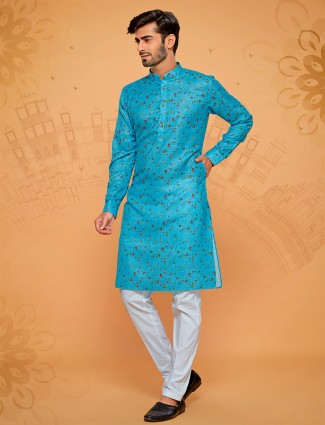 Aqua printed linen cotton kurta suit