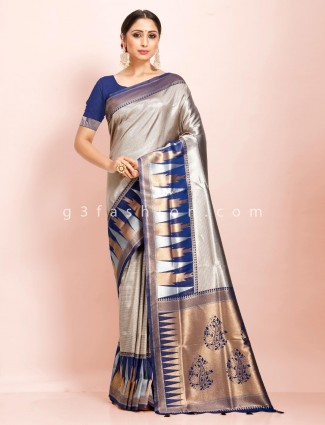 Art kanjivaram silk Beige and blue traditional wear exclusive saree