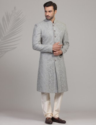 Asthetic grey silk sherwani set