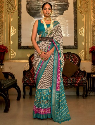 Silk off white and rama blue printed saree
