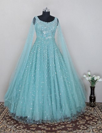 Awesome wedding and party wear net gown in aqua