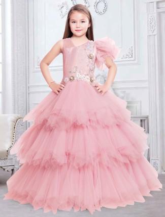 Baby pink rich net party and reception gown