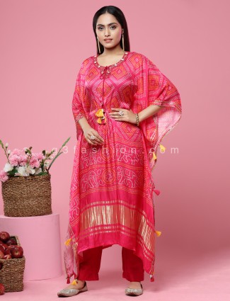 Pink printed silk kaftan style kurti set
