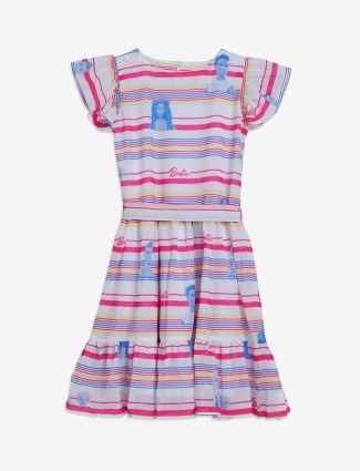 BARBIE white and pink stripe frock