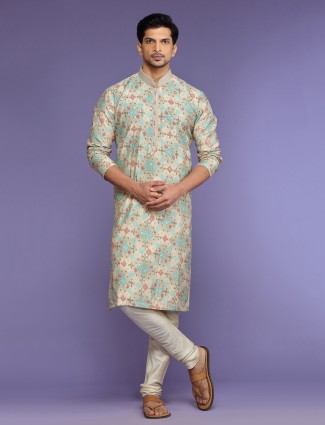 Beige and aqua silk kurta suit in printed