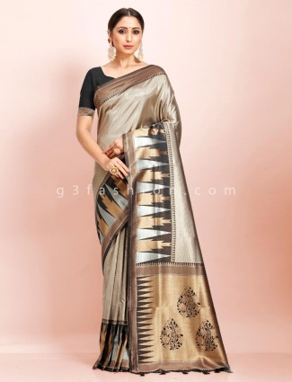 Beige and black art kanjivaram silk traditional wear designer saree