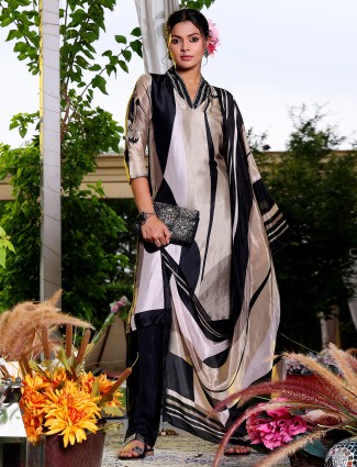 Beige and black printed silk salwar suit