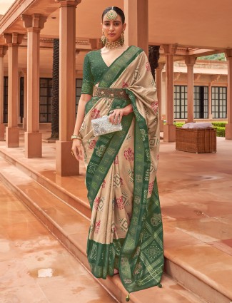 Beige and green silk printed saree