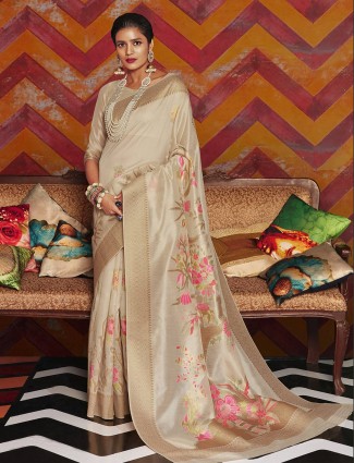 Beige colored cotton silk saree