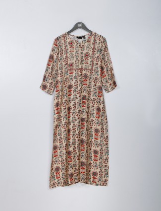 Beige cotton silk printed long kurti for casual