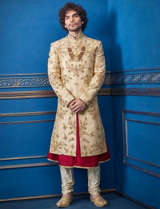 Beige raw silk sherwani for groom wear