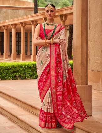 Beige silk printed saree for wedding