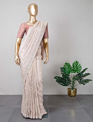 Beige silk wedding wear saree for women