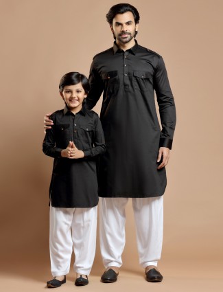Black cotton silk father and son pathani suit