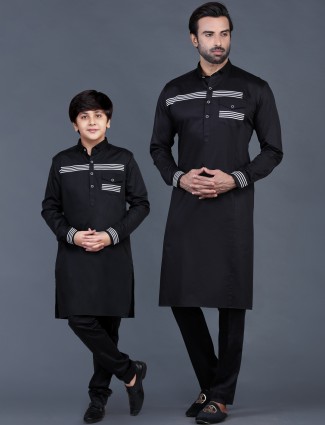 Black cotton solid father and son pathani suit for festive