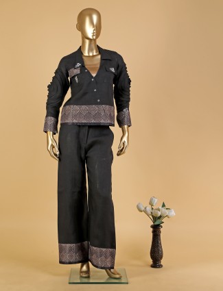 Black linen co ord set in printed