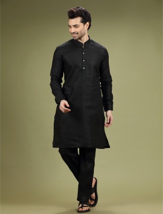 Black linen plain kurta suit