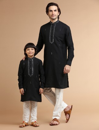 Black silk kurta suit for father and son