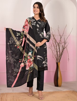 Black silk kurti set in printed