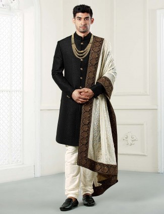 Black solid wedding wear raw silk sherwani