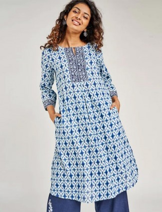 Blue casual festive wear cotton kurti for women