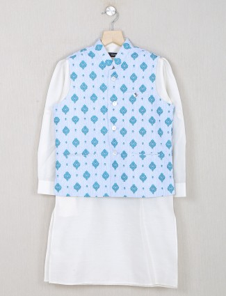 Blue color printed boys silk fabric waistcoat set