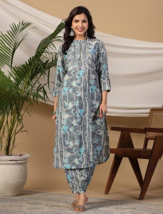 Blue printed cotton kurti with salwar