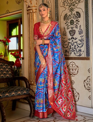 Blue printed silk saree for wedding wear