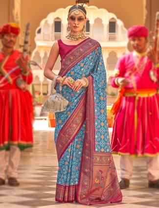 Blue silk saree with contrast border