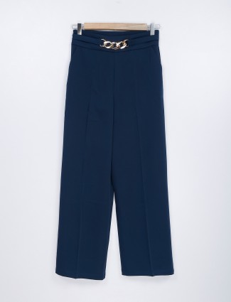 Blue solid terry rayon formal trouser