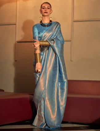 Blue zari weaving silk saree for wedding