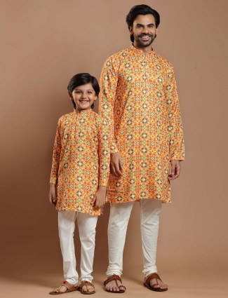 Bright yellow cotton silk kurta suit for father and son