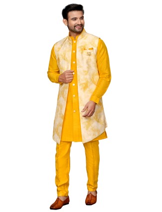 Bright yellow rich silk wedding indowestern