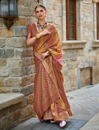 Brown and yellow zari weaving saree