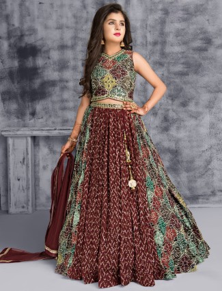 Brown color printed wedding wear lehenga choli in georgette