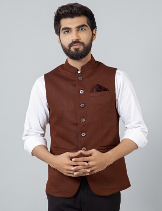 Brown cotton silk party wear solid waistcoat