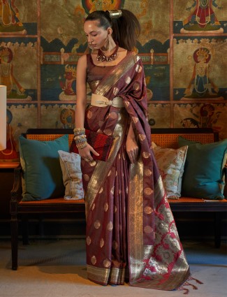 Brown zari weaving saree in silk