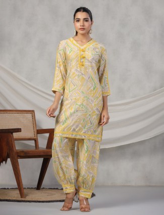Casual wear light yellow printed co ord set