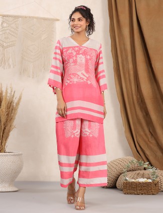 Casual wear pink silk printed co ord set