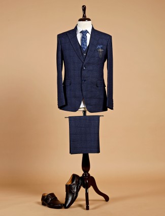Checks style terry rayon navy coat suit for reception