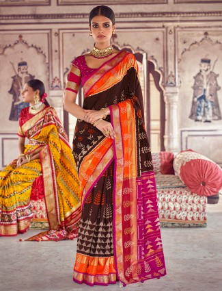 Cocoa brown wedding events saree in patola silk