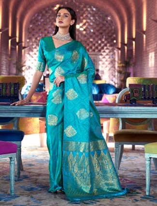 Conventional aqua jacquard silk saree for wedding occasions