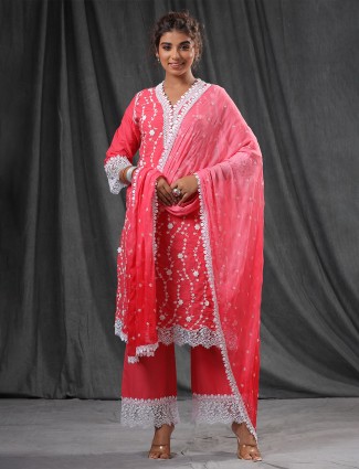 Coral pink cotton palazzo set for festive wear