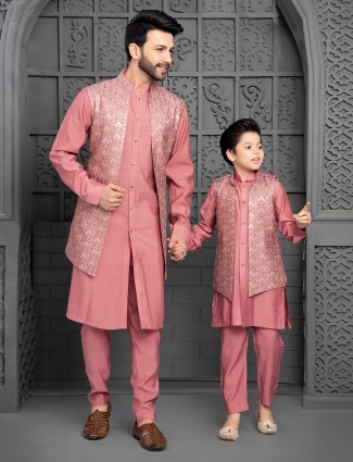 Coral pink father and son silk waistcoat set